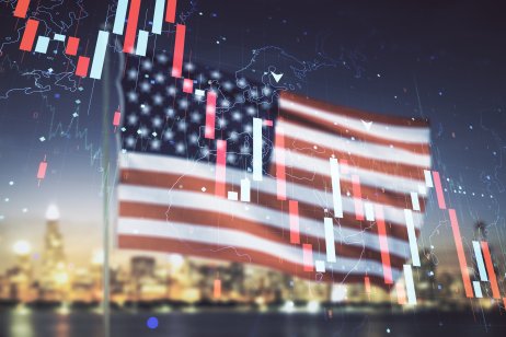 Economic crisis chart and world map hologram on USA flag and blurry skyscrapers background, bankruptcy and recession concept. Multiexposure