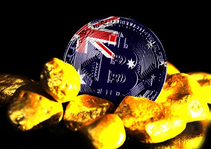 Bitcoin marked with the flag of Australia against the background of gold ore