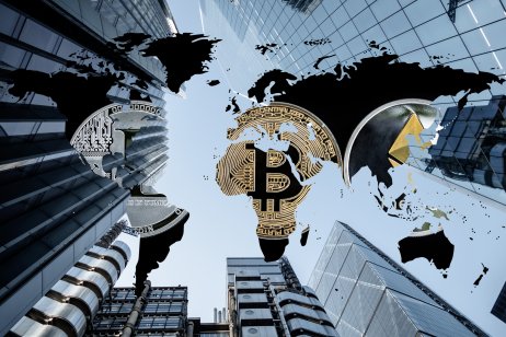 Bitcoin and cryptocurrencies pictured on a global map in corporate skyscraper background