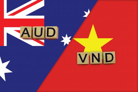 Australia and Vietnam currencies codes on national flags background