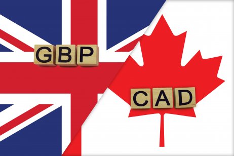 United Kingdom and Canada currencies codes on national flags background. International money transfer concept