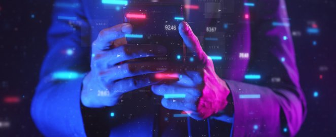 Person looking at a smartphone, bathed in blue and purple light. Image overlaid with digital and financial graphics
