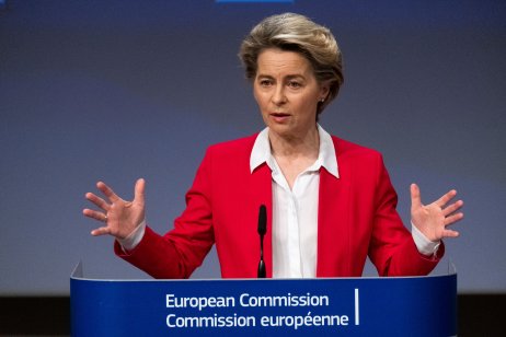 Ursula von der Leyen, President of the European Commission, speaking at a microphone