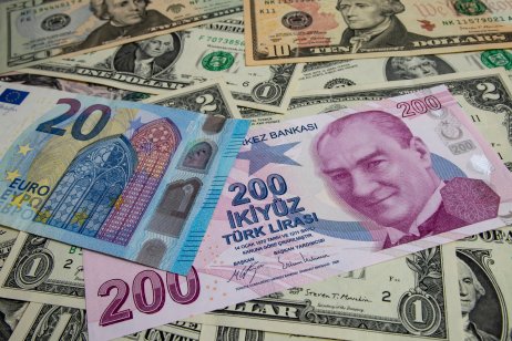 Turkish lira, US dollar and euro banknotes 
