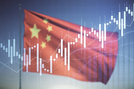 Multi exposure of virtual creative financial chart hologram on Chinese flag and blue sky background.