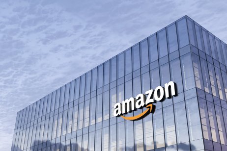 Seattle, WA, USA. February 18, 2021, Editorial Use Only, 3D CGI. Amazon Signage Logo on Top of Glass Building. Workplace E-commerce Company Office Headquarter.