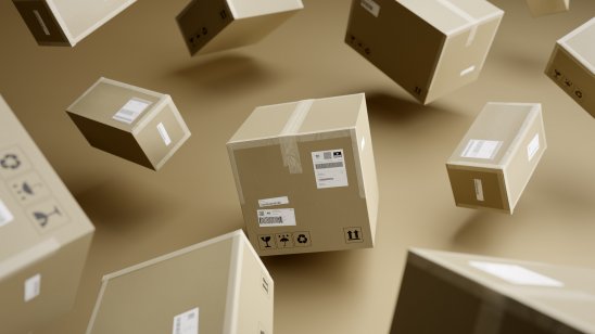 Perspective view of cardboard boxes thrown into the air for package, shipping and delivery with signs and labels in a beige background