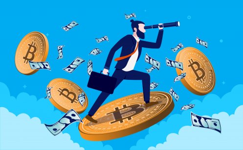 Businessman standing on flying bitcoins