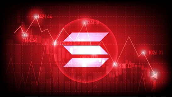 Solana (SOL) logo against red background with with lines representing downward market moves.