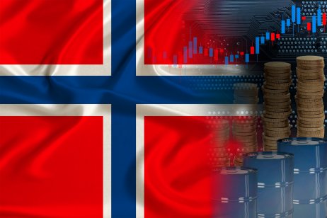 national flag of Norway on silk, barrels of oil, metal coins, oil futures trading concept, growth of DBO index on stock exchange, global world trade, falling and rises oil prices