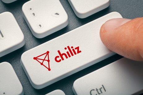 Close-up of a computer keyboard with the Chiliz logo on it