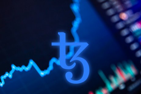 the Tezos (XTZ) logo in blue on a dark blue background with finance graph