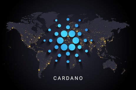 Cardano crypto currency digital payment system blockchain concept. Cryptocurrency isolated on earth night lights world map background. 
