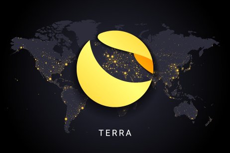 Terra crypto currency digital payment system blockchain concept. Cryptocurrency isolated on earth night lights world map background.