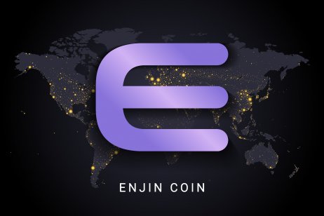 Enjin price prediction 2022-2030: Can ENJ coin regain growth? Enjin coin crypto currency digital payment system blockchain concept. Cryptocurrency isolated on earth night lights world map background.
