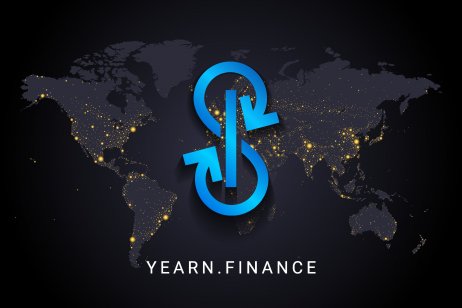 Yearn.finance crypto currency digital payment system blockchain concept. Cryptocurrency isolated on earth night lights world map background. Vector illustration