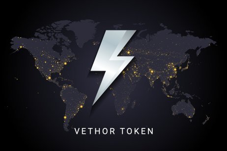Vethor token crypto currency digital payment system blockchain concept. Cryptocurrency isolated on earth night lights world map background. Vector illustration