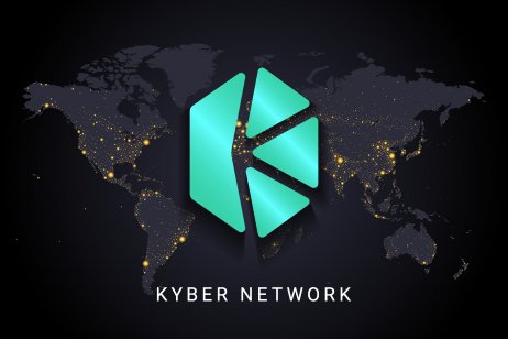 Illustration of the Kyber Network company name and KNC icon over a world map