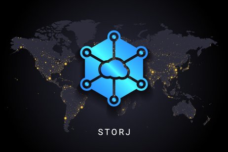 Storj logo on world map background