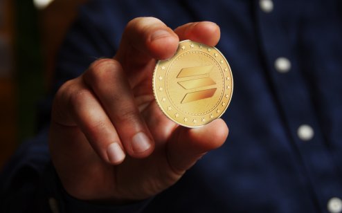 A hand holds up a representation of a Solana token