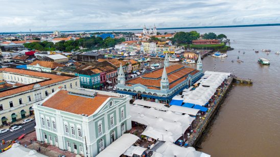 Aerial view of the Ver-o-Peso market and the Fish Market in Belém, Para, Brazil