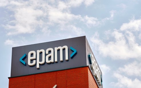 Minsk, Belarus. May 2021. EPAM Systems logo on the roof of the building against blue the sky. EPAM Systems - leading global provider of digital platform engineering and software development services
