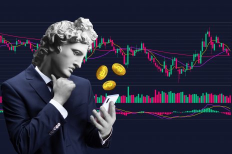 Top crypto movers: Biggest gainers and losers in April. Collage of contemporary art. Conceptual portrait of a businessman holding a mobile smartphone and using a trade application. Apollo's plaster head. The man in a suit.