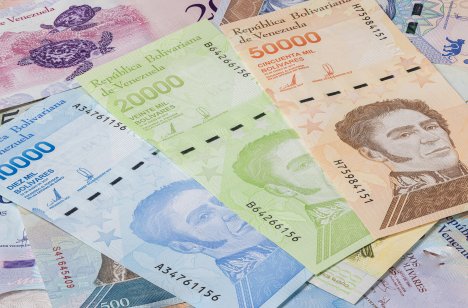 Bolivares or Bolivar money of the republic Venezuela. Close up to the currency of the south American country Venezuela.