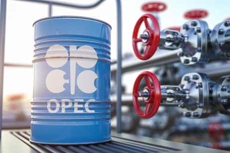 An illustration of an oil barrel with the OPEC symbol beside oil pipeline valves