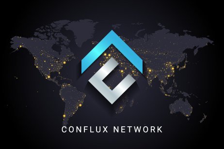 Conflux logo isolated on earth night lights world map background. 