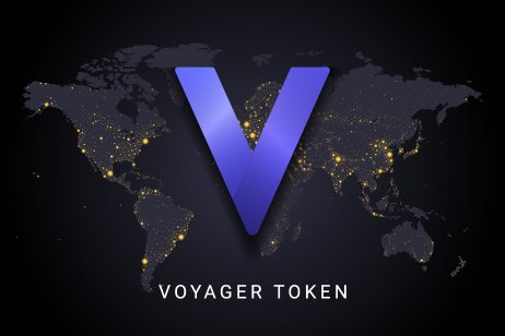 Voyager token crypto currency digital payment system blockchain concept. Cryptocurrency isolated on earth night lights world map background.