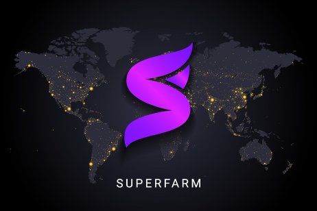 Superfarm crypto currency digital payment system blockchain concept. Cryptocurrency isolated on earth night lights world map background. Vector illustration