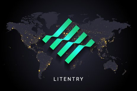 Litentry price prediction: Will LIT recover? Litentry crypto currency digital payment system blockchain concept. Cryptocurrency isolated on earth night lights world map background. Vector illustration