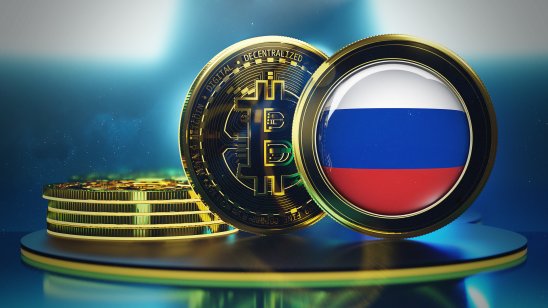 Bitcoin (BTC) coin and Russian flag.