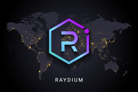 Raydium crypto currency digital payment system blockchain concept. Cryptocurrency isolated on earth night lights world map background. Vector illustration