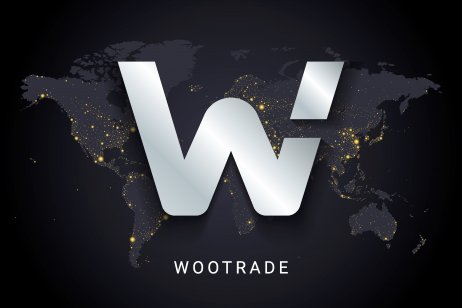 Vector illustration of Wootrade cryptocurrency digital payment system blockchain concept. Cryptocurrency isolated on earth night lights world map background