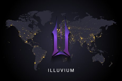 Illuvium crypto currency digital payment system blockchain concept. Cryptocurrency isolated on earth night lights world map background. Vector illustration