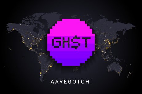 Aavegotchi crypto currency digital payment system blockchain concept. Cryptocurrency isolated on earth night lights world map background. Vector illustration