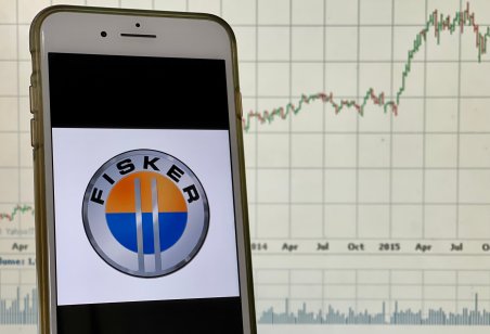 Spokane, WA - August 2021 - Fisker logo on a smart phone with stock chart in the background. Fisker is an American electric vehicle automaker