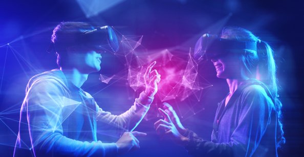 Future digital technology cyber virtual game entertainment metaverse, Teenager having fun play game VR virtual reality 