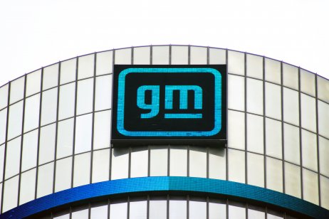 Photo of GM sign at world headquarters in Detroit 