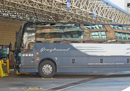 Greyhound bus at station in Philadelphia, US
