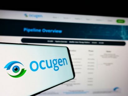 STUTTGART, GERMANY - Aug 15, 2021: Smartphone with logo of US biopharmaceutical company Ocugen Inc on screen in front of website Focus on left of phone display
