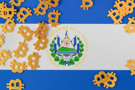 Blue and white El Salvador flag scattered with bitcoin symbols