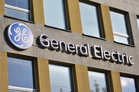 General Electric logo, emblem, symbol on the facade of General Electric Company.
