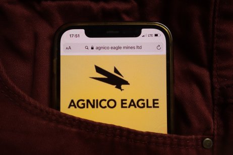 KONSKIE, POLAND - September 04, 2021: Agnico Eagle Mines Limited logo displayed on mobile phone hidden in jeans pocket