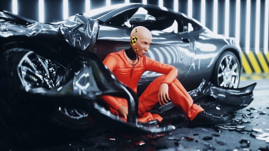 crash test dummy sits outside a car