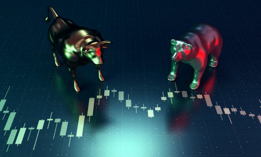Bears and bulls with a candle chart representing market movements