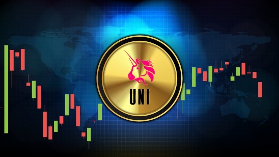 The Uniswap logo of a unicorn’s head against a trading chart background