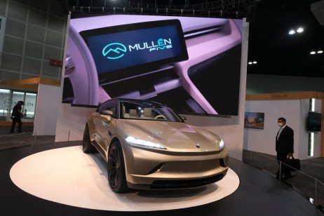 The Mullen Five vehicle is displayed at the 2021 LA Auto Show media day in Los Angeles